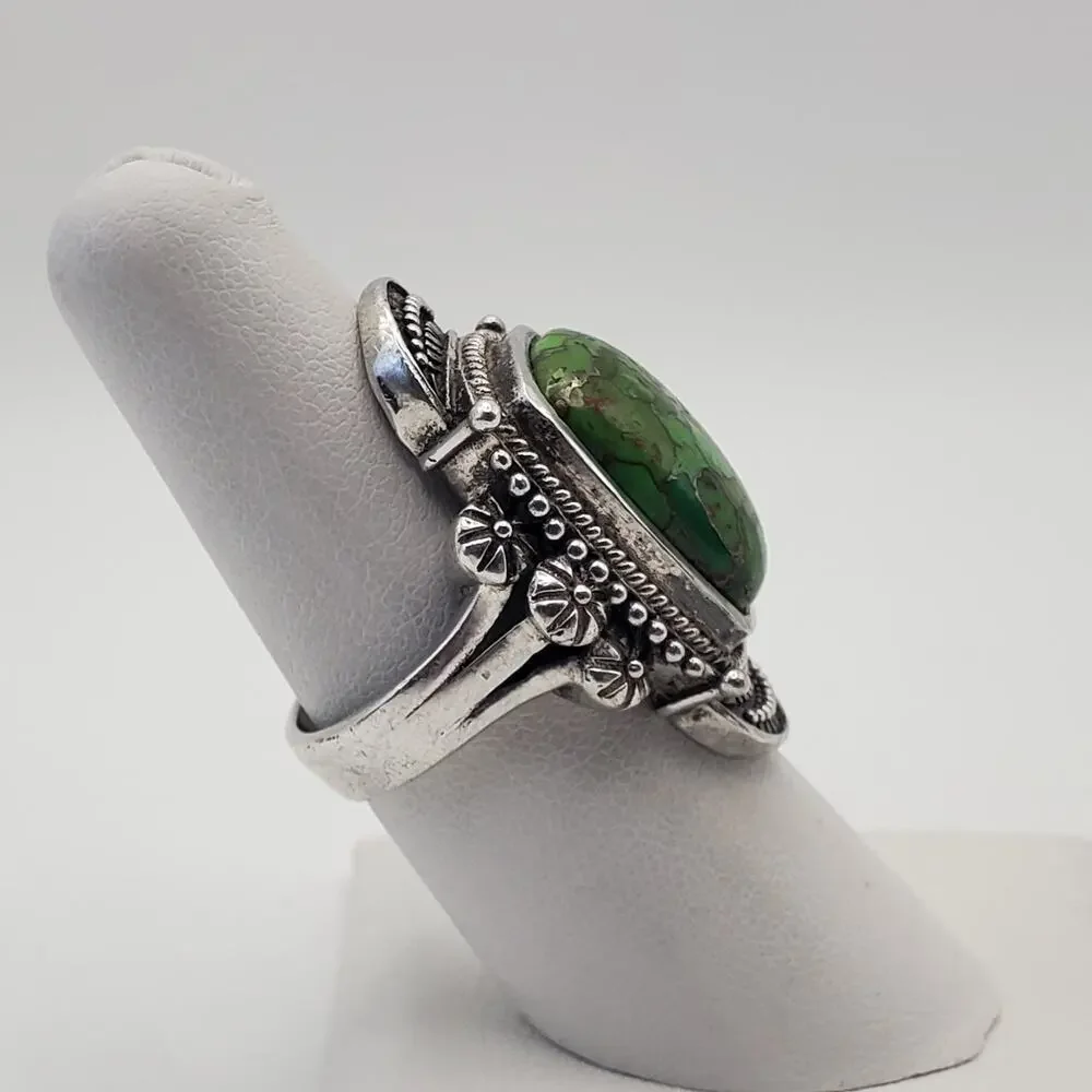 Vintage 925 Sterling Silver Green Copper Turquoise Ring Size 7.75